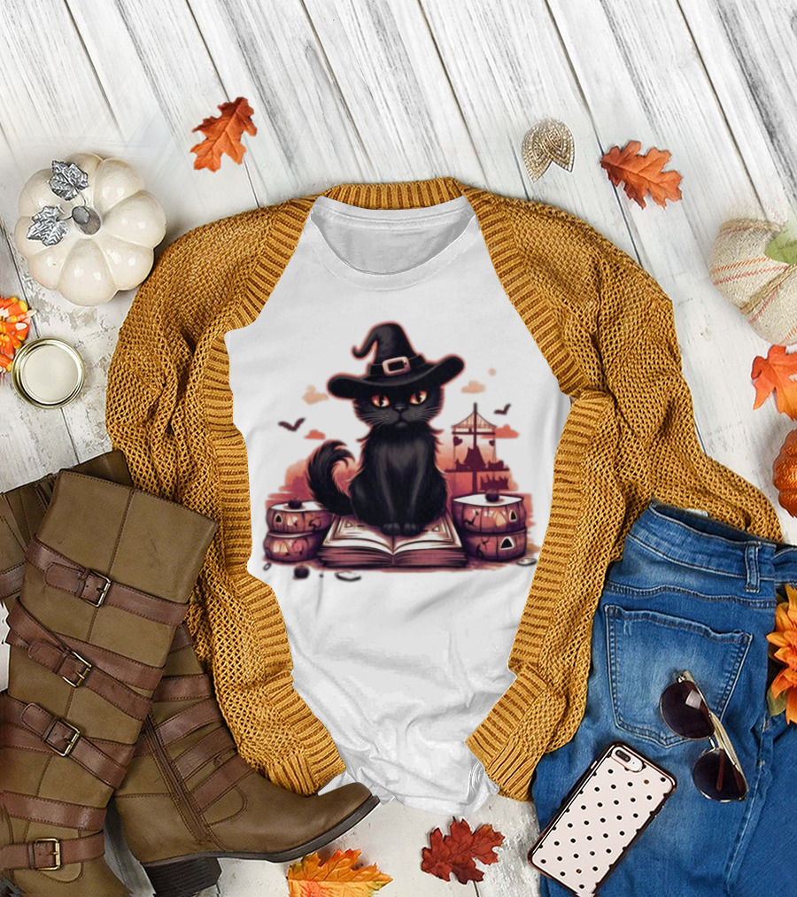 Cat Magic Halloween Witch Hat Pumpkins And Spellbook T-Shirt