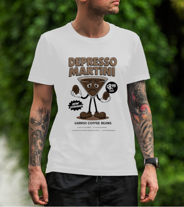 Depresso Martini Garnish Coffee Beans Cartoon Sad Face T-Shirt
