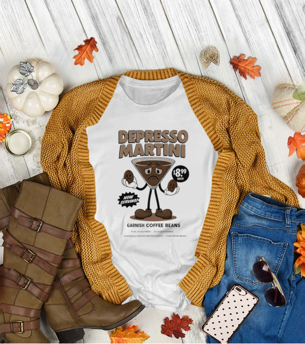 Depresso Martini Garnish Coffee Beans Cartoon Sad Face T-Shirt