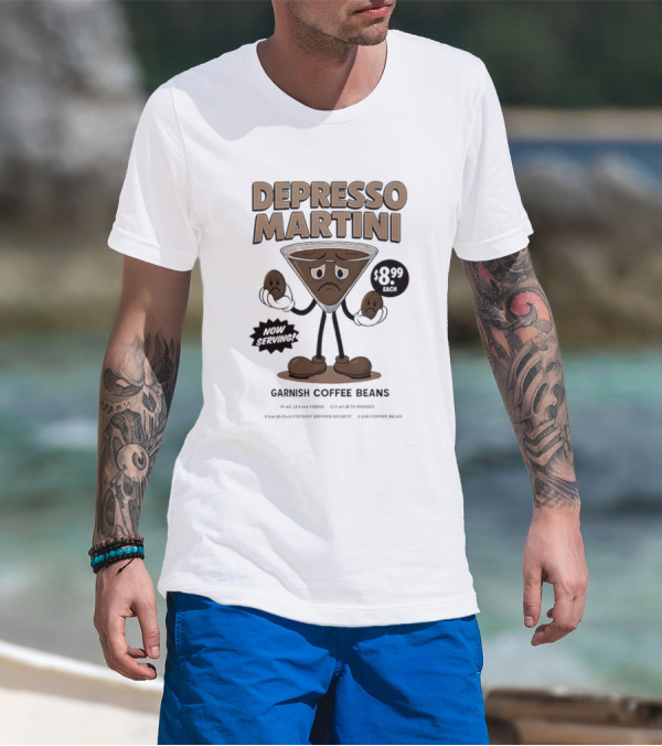 Depresso Martini Garnish Coffee Beans Cartoon Sad Face T-Shirt