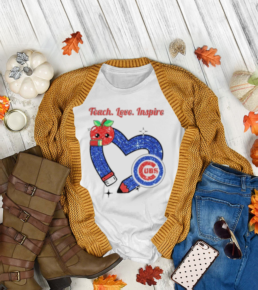 Chicago Cubs Teach Love Inspire Apple Pencil Heart T-Shirt