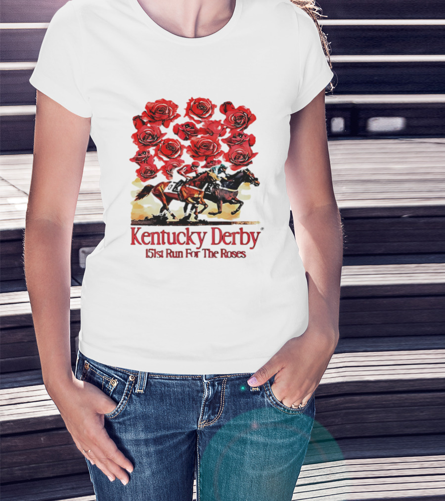 Kentucky Derby 151st Run For The Roses With Horses And Red Roses T-Shirt