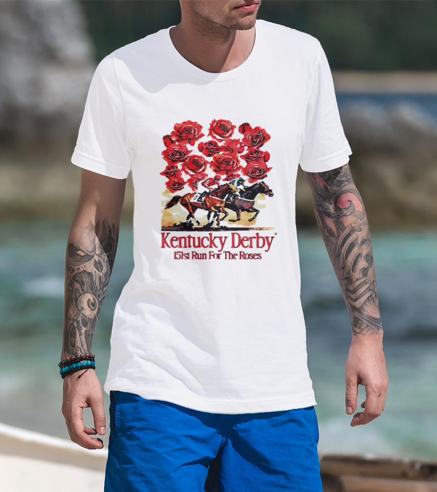 Kentucky Derby 151st Run For The Roses With Horses And Red Roses T-Shirt