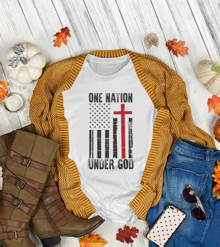 One Nation Under God American Flag Cross Design T-Shirt