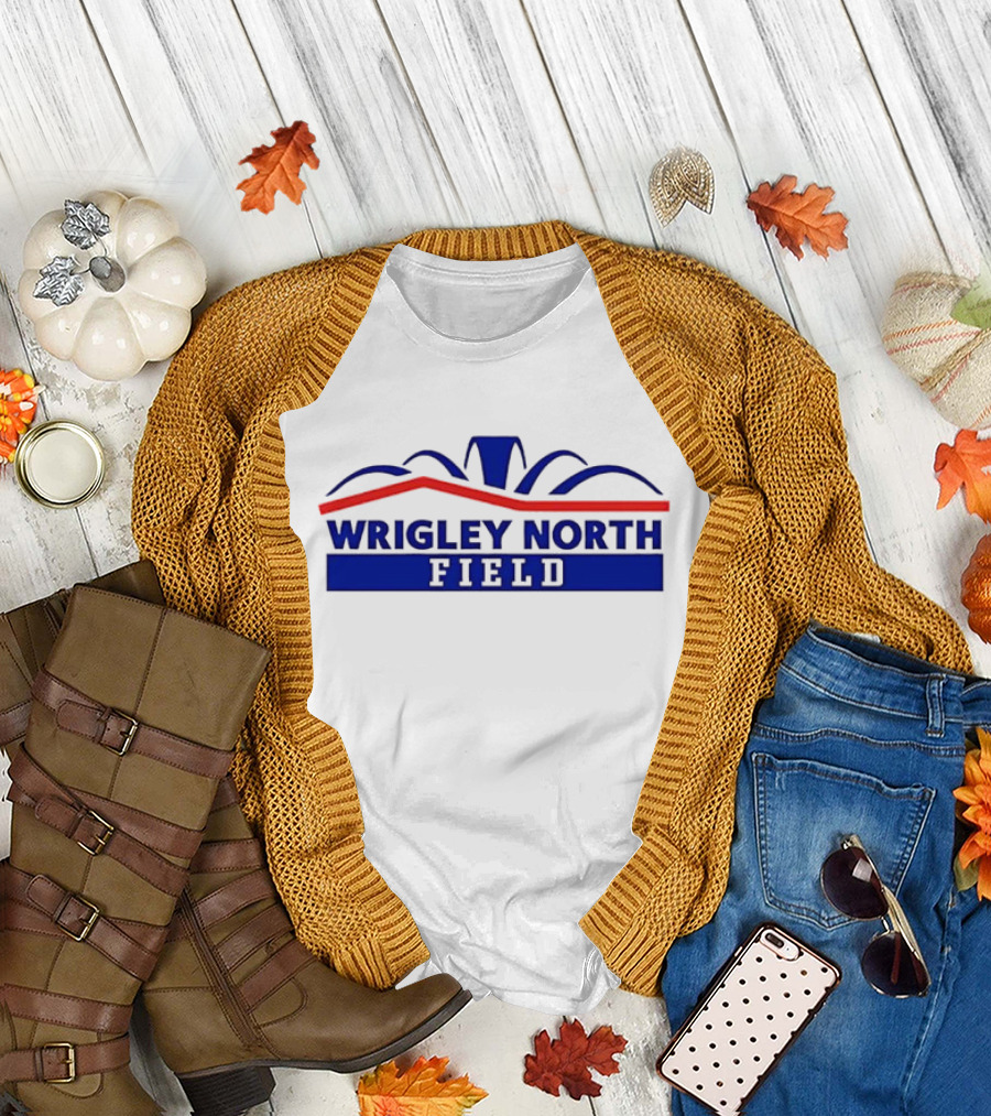 Wrigley North Field Retro Stadium Typography Blue and Red Design T-Shirt
