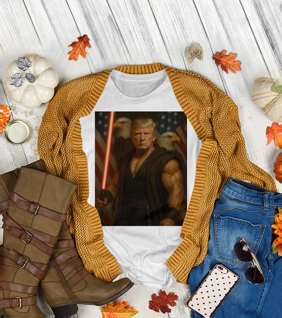 Trump Jedi Warrior with Lightsaber and Eagles in Front of American Flags T-Shirt