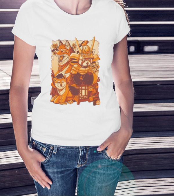 Tenhun Orange Fuzz Fox And Samurai Red Panda With Lantern T-Shirt
