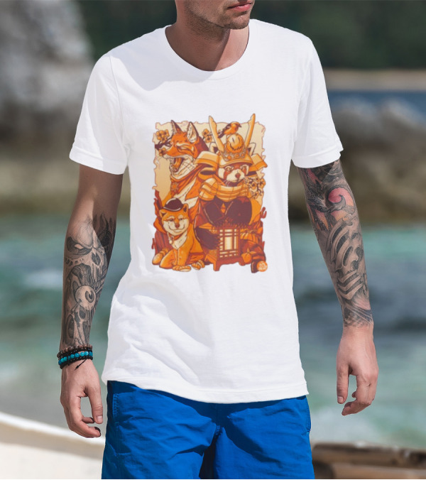 Tenhun Orange Fuzz Fox And Samurai Red Panda With Lantern T-Shirt