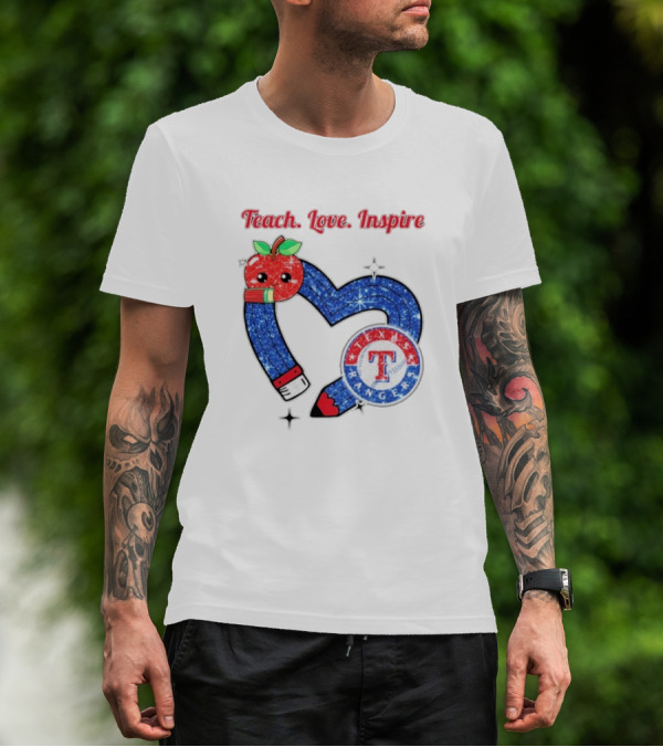 Texas Rangers Sparkling Heart Apple Pencil Teach Love Inspire T-Shirt