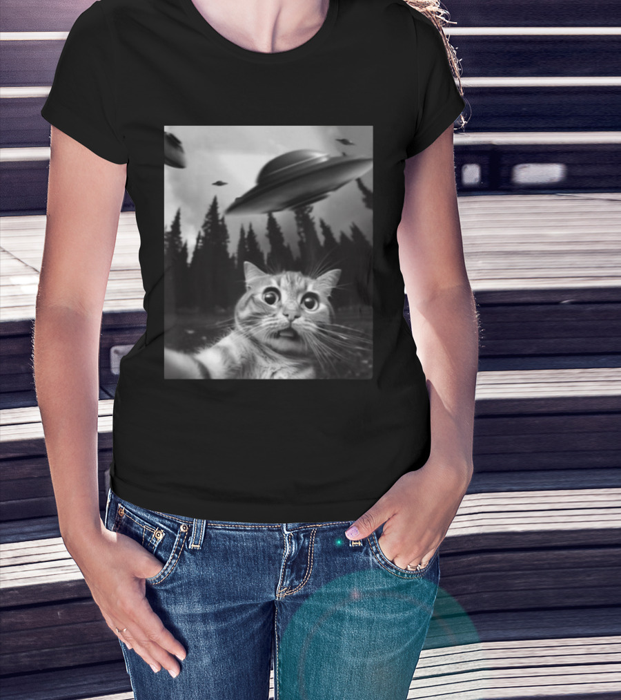 Keith Hernandez Cat Selfie UFO Forest Scene T-Shirt