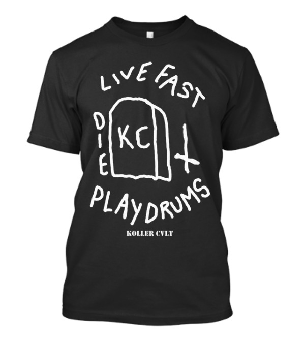 Koller Cvlt Live Fast Die Play Drums KC Gravestone Cross Design T-Shirt