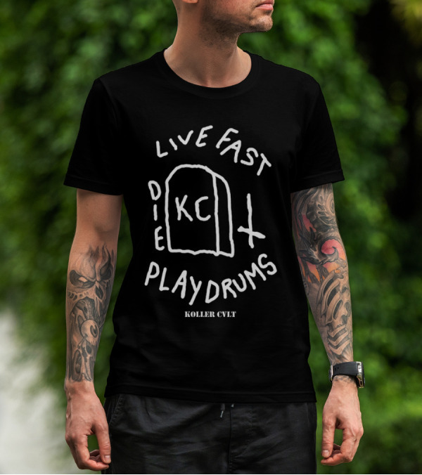 Koller Cvlt Live Fast Die Play Drums KC Gravestone Cross Design T-Shirt