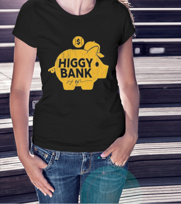 Higgy Bank Piggy Bank Graphic Baseball Theme With Signature And Dollar Sign T-Shirt