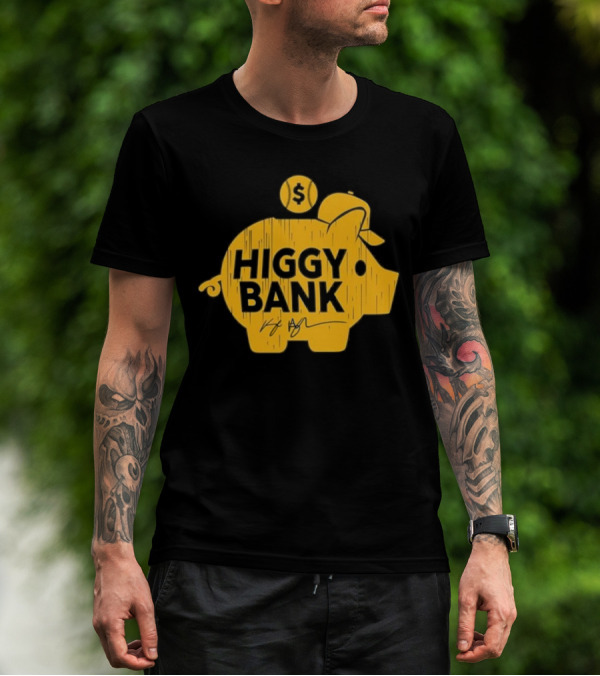 Higgy Bank Piggy Bank Graphic Baseball Theme With Signature And Dollar Sign T-Shirt