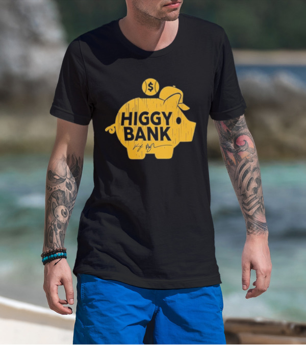 Higgy Bank Piggy Bank Graphic Baseball Theme With Signature And Dollar Sign T-Shirt