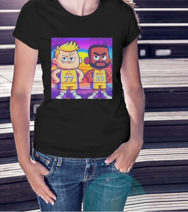 Los Angeles Lakers Cartoon Luka Doncic 77 LeBron James 23 T-Shirt