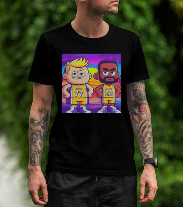 Los Angeles Lakers Cartoon Luka Doncic 77 LeBron James 23 T-Shirt