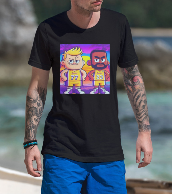 Los Angeles Lakers Cartoon Luka Doncic 77 LeBron James 23 T-Shirt
