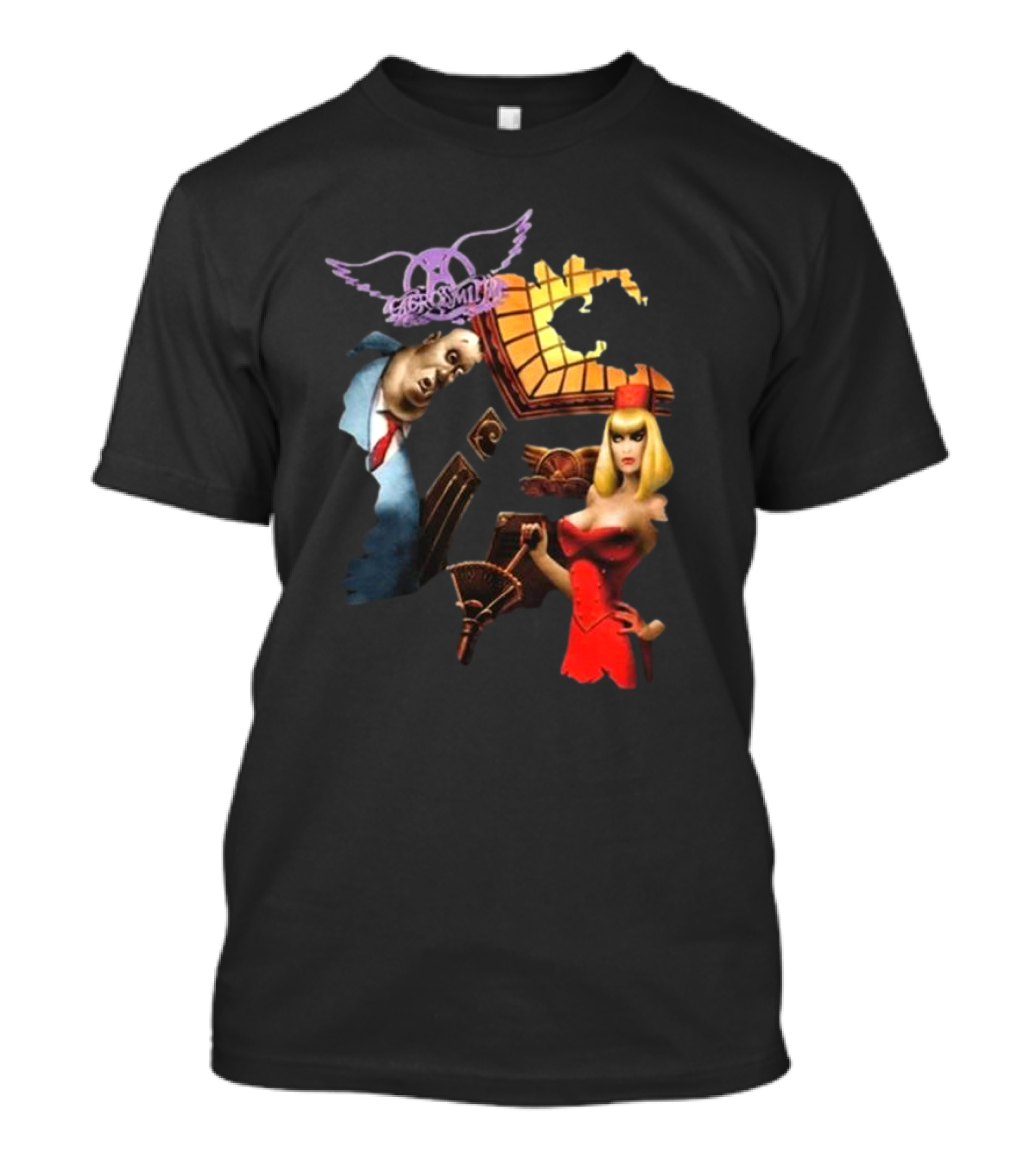 Aerosmith Love In An Elevator Cartoon Artwork With Woman In Red Dress And Man In Suit T-Shirt
