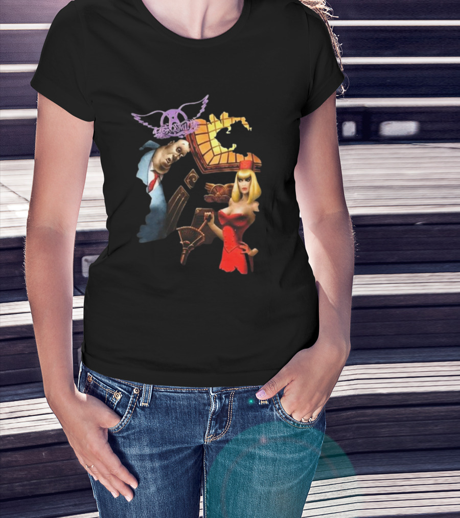 Aerosmith Love In An Elevator Cartoon Artwork With Woman In Red Dress And Man In Suit T-Shirt