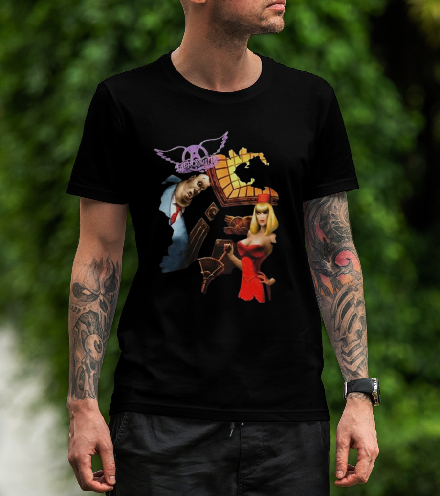 Aerosmith Love In An Elevator Cartoon Artwork With Woman In Red Dress And Man In Suit T-Shirt