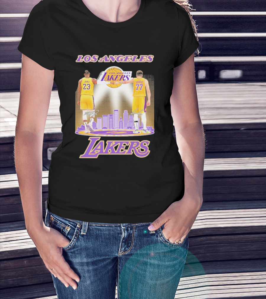 Los Angeles Lakers Luka Doncic Lebron James 23 77 City Skyline T-Shirt