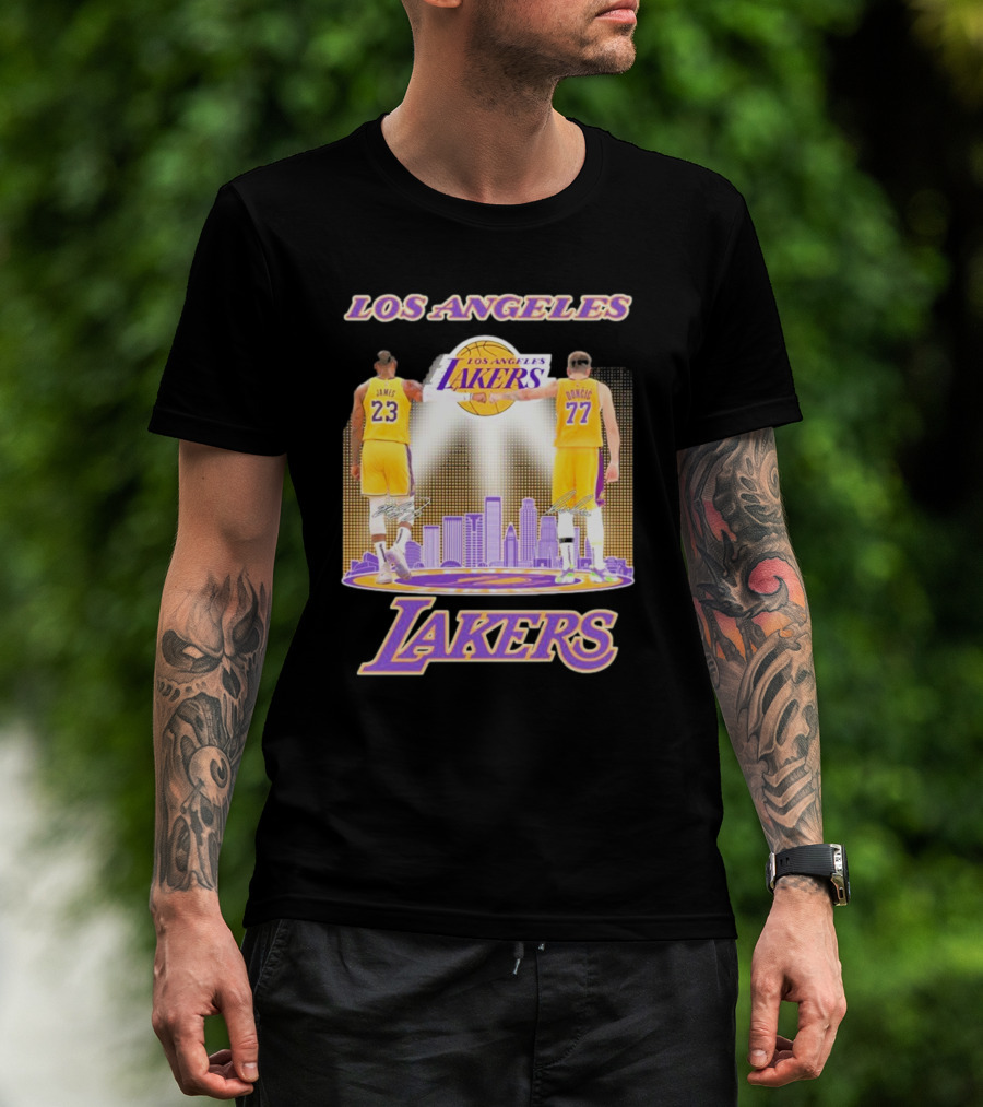 Los Angeles Lakers Luka Doncic Lebron James 23 77 City Skyline T-Shirt