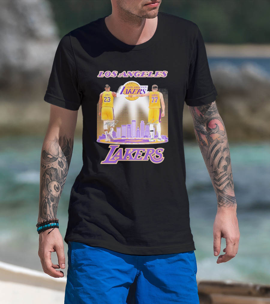 Los Angeles Lakers Luka Doncic Lebron James 23 77 City Skyline T-Shirt