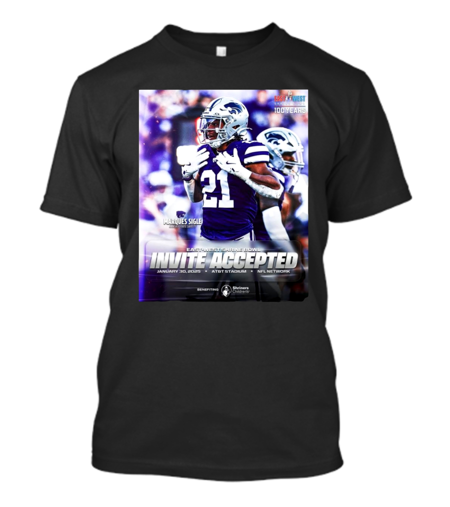Marques Sigle Kansas State Wildcats East-West Shrine Bowl Invite Accepted Jan 30 2025 AT&T Stadium T-Shirt