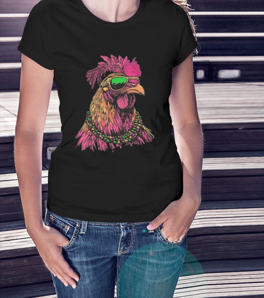 Mardi Gras Chicken Beads And Sunglasses Vibrant Rooster T-Shirt