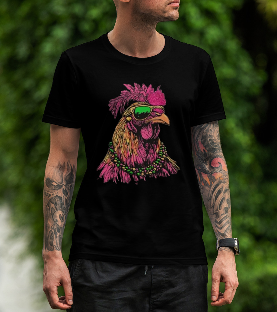 Mardi Gras Chicken Beads And Sunglasses Vibrant Rooster T-Shirt