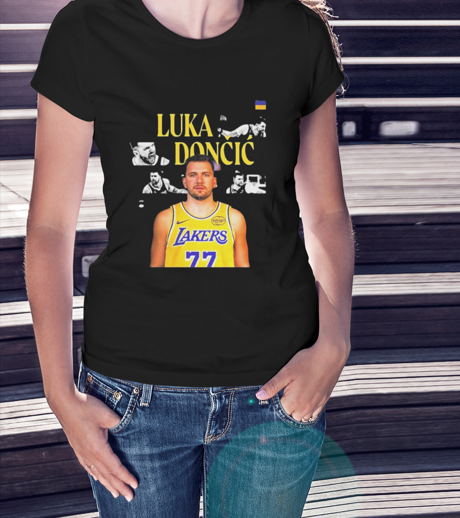 Luka Dončić Los Angeles Lakers Jersey Number 77 Championship Imagery T-Shirt