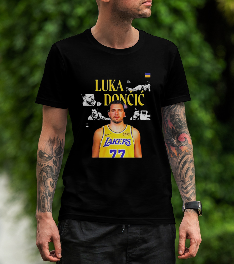 Luka Dončić Los Angeles Lakers Jersey Number 77 Championship Imagery T-Shirt