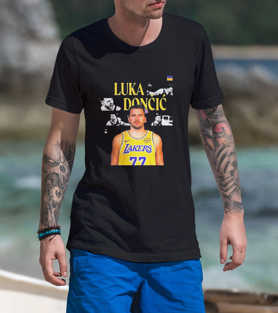 Luka Dončić Los Angeles Lakers Jersey Number 77 Championship Imagery T-Shirt