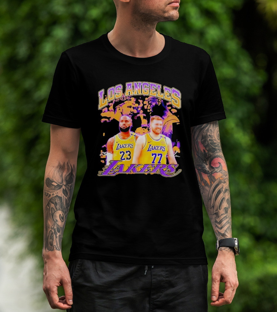 Los Angeles Lakers Luka Doncic LeBron James 23 77 Collaboration T-Shirt