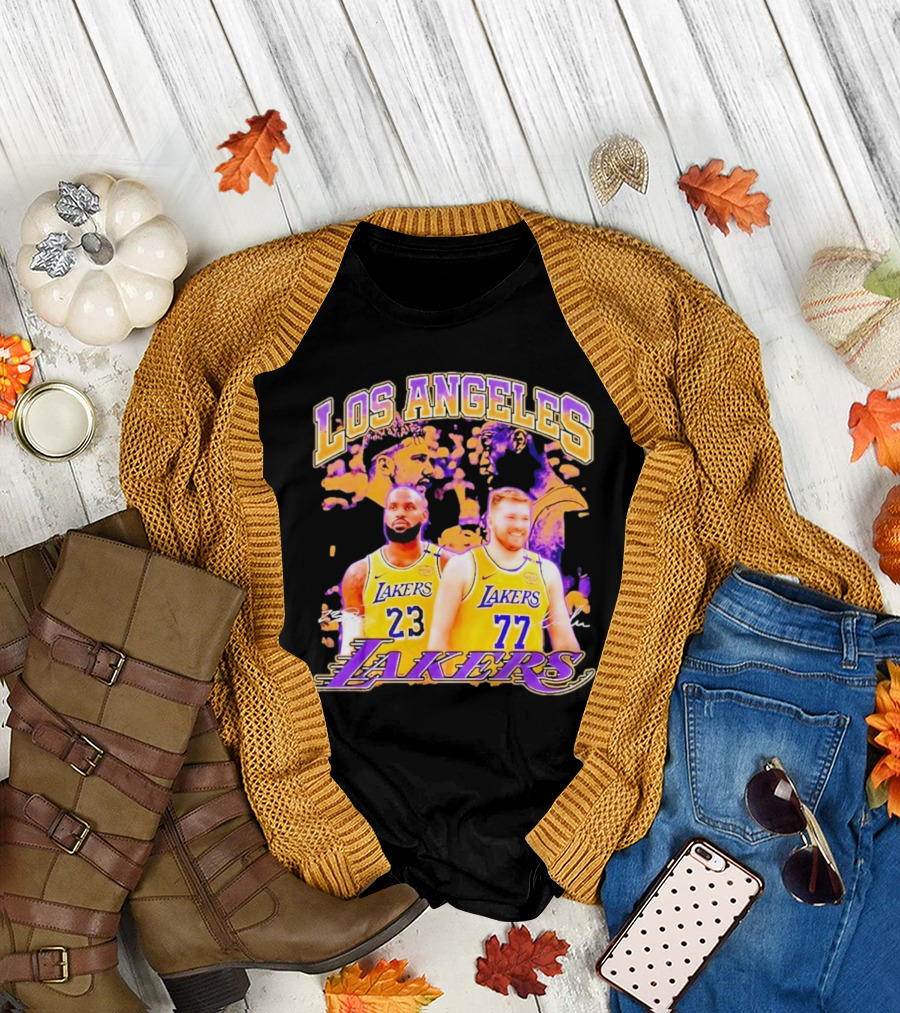 Los Angeles Lakers Luka Doncic LeBron James 23 77 Collaboration T-Shirt