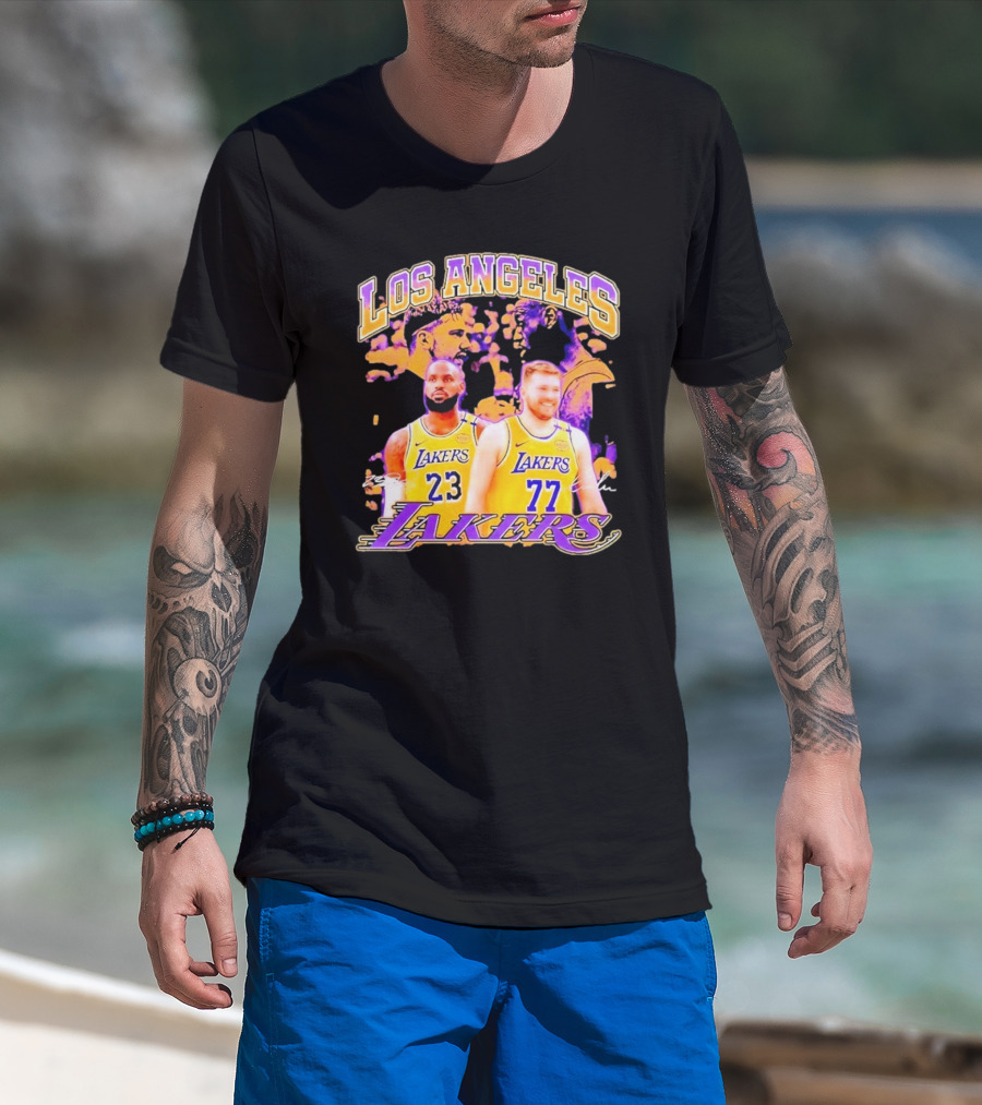 Los Angeles Lakers Luka Doncic LeBron James 23 77 Collaboration T-Shirt