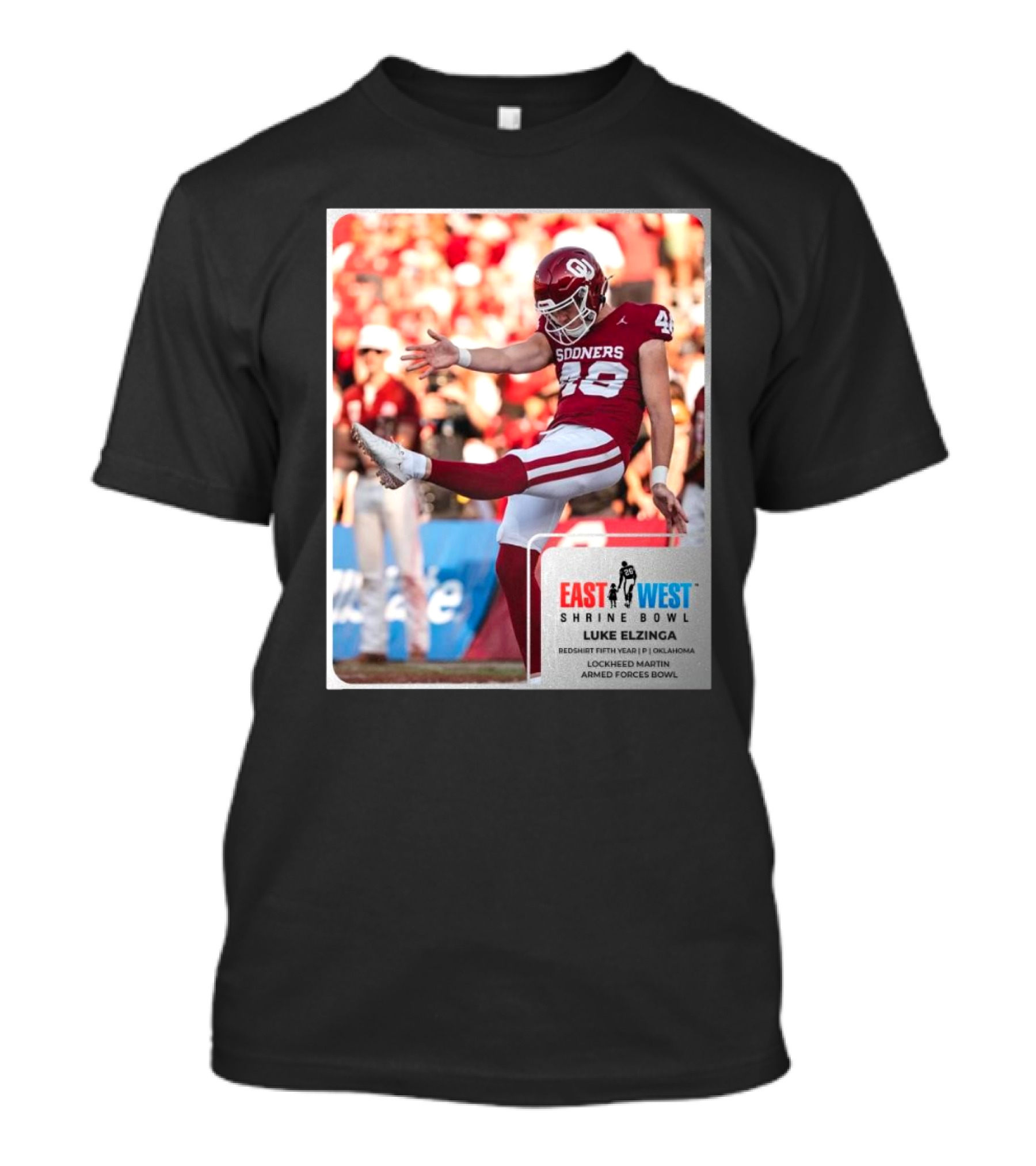 Luke Elzinga Oklahoma Sooners Redshirt Fifth Year P East West Shrine Bowl Lockheed Martin Armed Forces Bowl T-Shirt