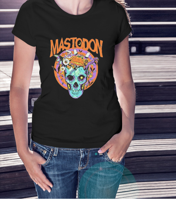 Mastodon Halloween Skull Art With Spooky Creatures And Candy Corn T-Shirt