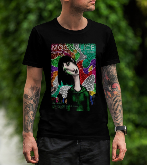 MOONALICE 420 Gathering Of The Tribe 04-20-2025 Sweetwater Music Hall Mill Valley CA Colorful Psychedelic Art With Winged Character T-Shirt
