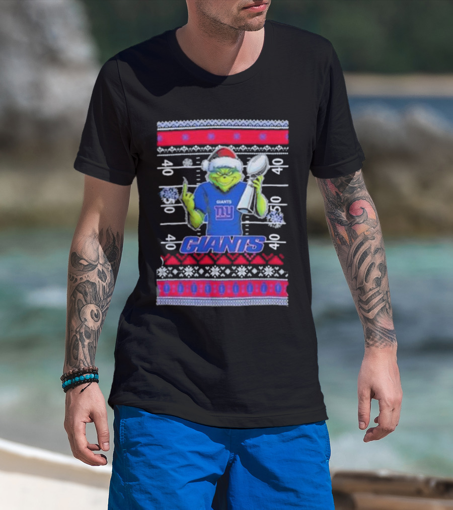 New York Giants Grinch Christmas With Lombardi Trophy Ugly Sweater T-Shirt