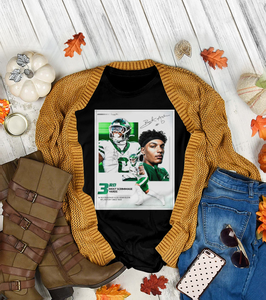 New York Jets Braelon Allen 3rd Most Scrimmage Yards Season 20-Year Old NFL History Since 1933 Signature T-Shirt