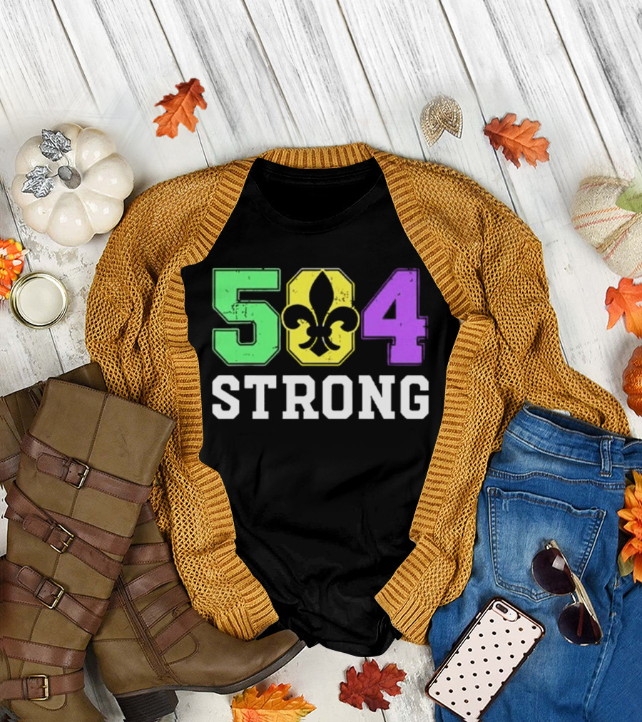New Orleans 504 Strong Fleur-de-Lis Green Yellow Purple T-Shirt