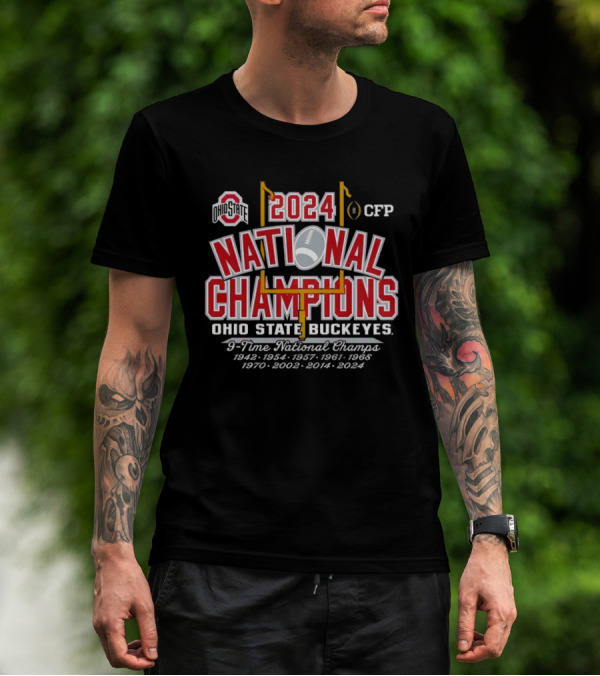 Ohio State Buckeyes 2024 National Champions 9-Time National Champs 1942-2024 Football CFP T-Shirt