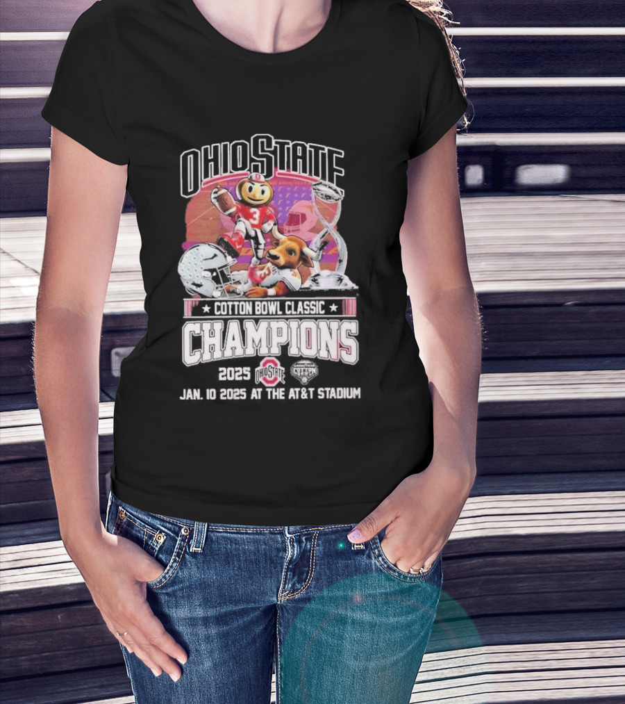 Woman with hands in pockets wearing Ohio State Buckeyes Cotton Bowl Classic Champions 2025 Brutus Buckeye Player Illustration T-Shirt.