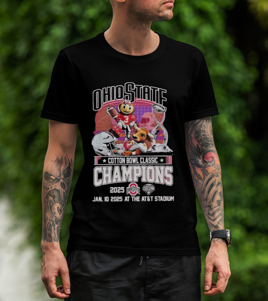 Man with tattoos models Ohio State Buckeyes Cotton Bowl Classic Champions 2025 Brutus Buckeye Player Illustration T-Shirt outdoors.