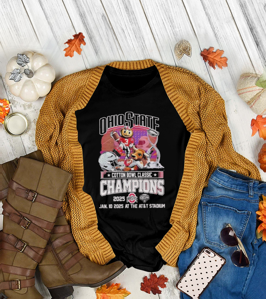Fall flat lay featuring Ohio State Buckeyes Cotton Bowl Classic Champions 2025 Brutus Buckeye Player Illustration T-Shirt with cardigan.
