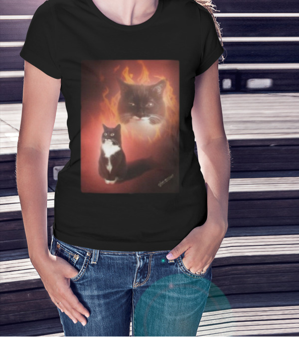 Olan Meows Black And White Cat Flames Retro Theme T-Shirt