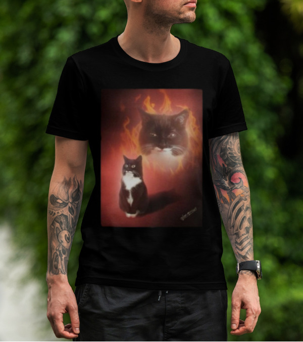Olan Meows Black And White Cat Flames Retro Theme T-Shirt