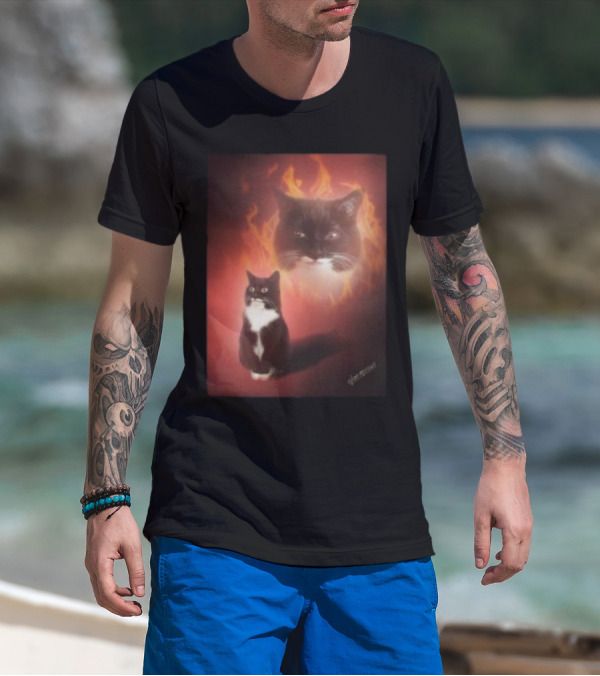 Olan Meows Black And White Cat Flames Retro Theme T-Shirt